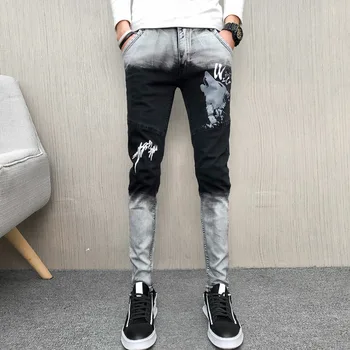 

Spring Jeans Men Brand New All Match Denim Pants Men Hip Hop Patchwork Color Print Streetwear Slim Fit Men Jeans Trousers