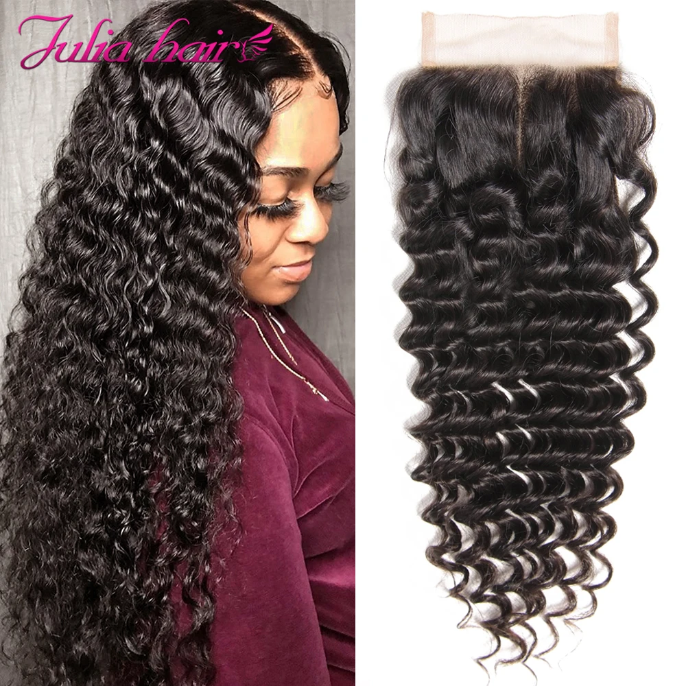 Ali Julia Hair Brazilian Deep Wave Closure Free Part 4X4 100% Human Hair Remy Lace Closure Pre Plucked 150% Density (1)