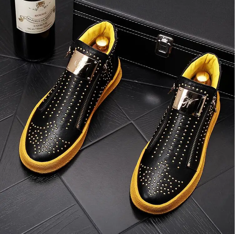 Модная трендовая обувь с заклепками для мужчин; кроссовки на молнии с высоким берцем и блестящими заклепками; мужская повседневная обувь; осенние ботильоны на платформе в стиле панк на молнии