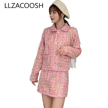 

Women Two Piece Set 2019 Autumn Winter New Sweet pink Tweed Turn down collar Jacket Coat + Short Skirt Ladies Outfit
