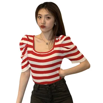 

Summer Stripe Print Women Tshirt Korean Style Fashion Square Collar Short Sleeve Knitted Slim Pullover T-Shirt