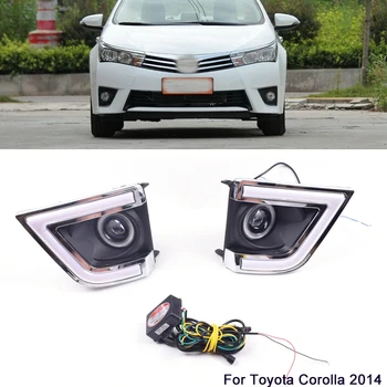 

1Pair Car LED Day Running Lights with Turn Signal Yellow 12v DRL Blue Angle eyes Replace Fog Lamp Covers for Toyota corolla 2014