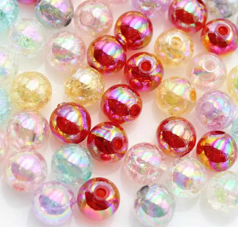 150pcs mix AB color with holes Round Crackle Acrylic Loose Spacer Beads For Jewelry Making DIY Necklace Bracelet Charms Earring