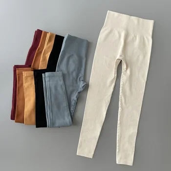 Pantalones de Yoga acanalados de cintura alta para mujer, mallas deportivas sin costuras para Fitness, Control de barriga, mallas de entrenamiento para correr 1