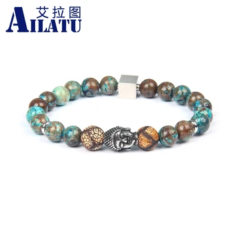 

Ailatu New Stainless Steel Buddha Head Bracelets with 8mm Natural Stone Beads Top Quality Men's Gift