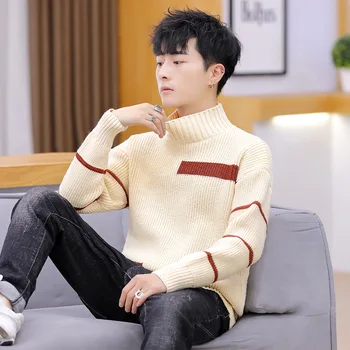 

2020 Men's Autumn High Collar with Stripes Sweater Youth Color Block Warm Base Sweater