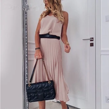 

Women's Spaghetti Strap Pleated Long Dresses Elegant A-line High Waist Female Dress 2020 Summer Casual Office Lady Pink Vestidos