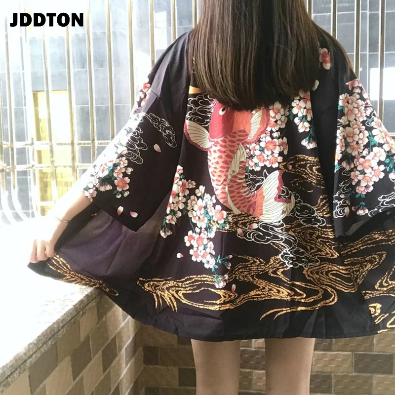 JDDTON летнее женское атласное кимоно с принтом юката СВОБОДНЫЙ Модный длинный