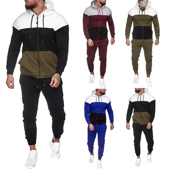 

2019 Zipper Men Sets Long Sleeve Hoodies+Pants Male Tracksuit Patchwork Sport Suit Men's Gyms Set Casual Sportswear Suit Outwear