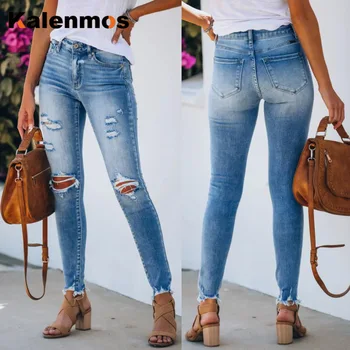 

Denim Pants Women KALENMONS High Waist Washed Jeans Pocket Bleached Summer Bandage Trousers 2020 Baggy Work Jean Women Vintage