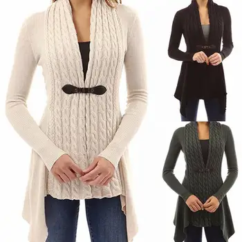 

2019 Autumn Winter Women's Fashion Knit Sweater Buttons Loose Pullover Coat Warm High Collar Irregular Sweater Plus Size