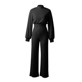 

Autumn Women Sexy High Collar Yellow Color Jumpsuits Casual Lantern Sleeve Wide Leg Rompers