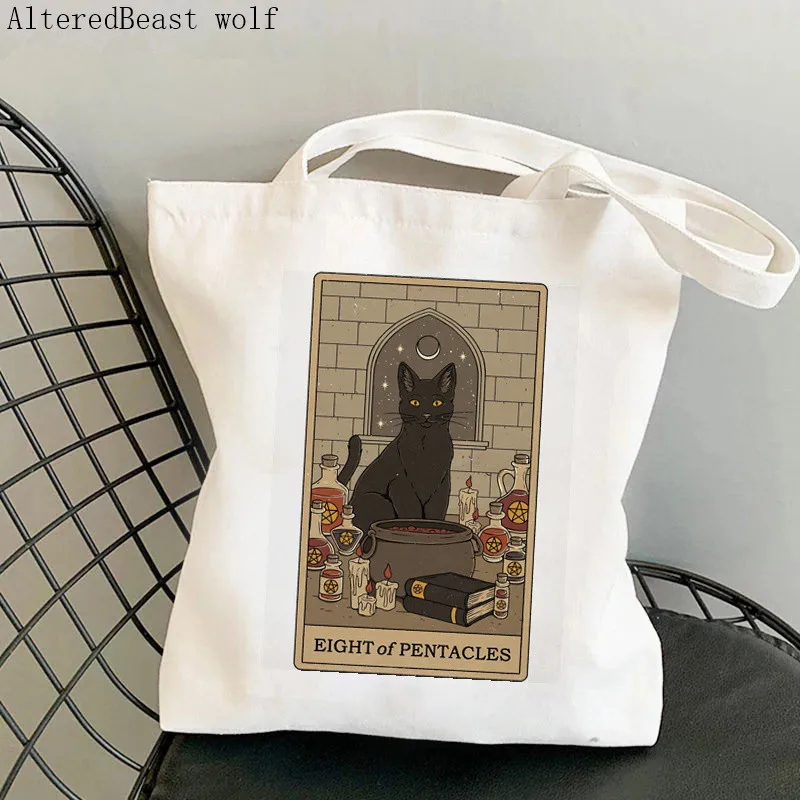 Women Shopper bag Ace of Swords cat Tarot Kawaii Bag Harajuku Shopping Canvas Shopper Bag girl handbag Tote Shoulder Lady Bag