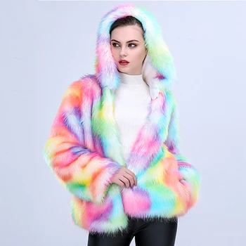 

2019 New Arrival Women Colorful Faux Fox Fur Coat Hooded Multicolor Artificial Fur Coats Rainbow Color Jacket PC257