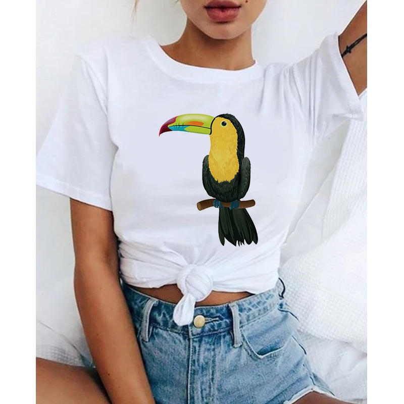 

Animated bigbeak Print T shirt Women Fashion Tshirt O neck Short Sleeve Harajuku T shirt White Tops Female Tops