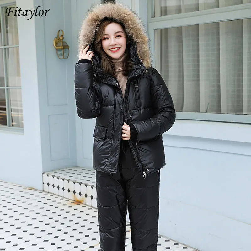 Fitaylor Winter Large Natural Fur Collar Jumpsuit Pants Set Women Outdoor Clothing Snow Suits 2 Piece Cotton Bodysuit Pant Coats |