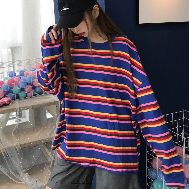 

Women's Plus Size Striped T Shirt Long sleeve Kawaii Harajuku Hip Hop streetwear Rainbow Oversized Shirt Female Tops Autumn 2019
