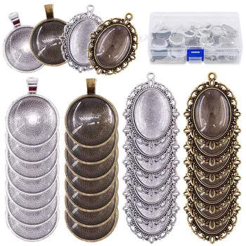 

64-Pieces Pendant Set,16Pcs Oval Pendant Trays And 16Pcs Round Bezels With 32Pcs Glass Cabochon Round Clear e Tiles For Craft