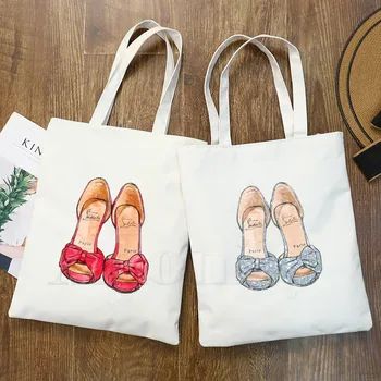 

Vintage Paris Red Shoes High Heels Hot Selling Fashion Handbag Canvas Bag Tote Ladies Casual Shoulder Bag Reusable Shopping Bags