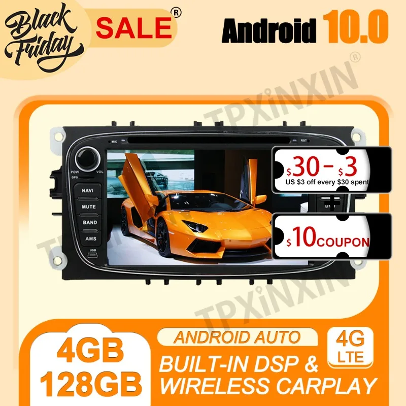 

4G+128G Carplay DSP Android 10 PX6 For Ford Mondeo 2007-2010 Black Multimedia Player Auto Radio Tape Recorder GPS Navi Head Unit