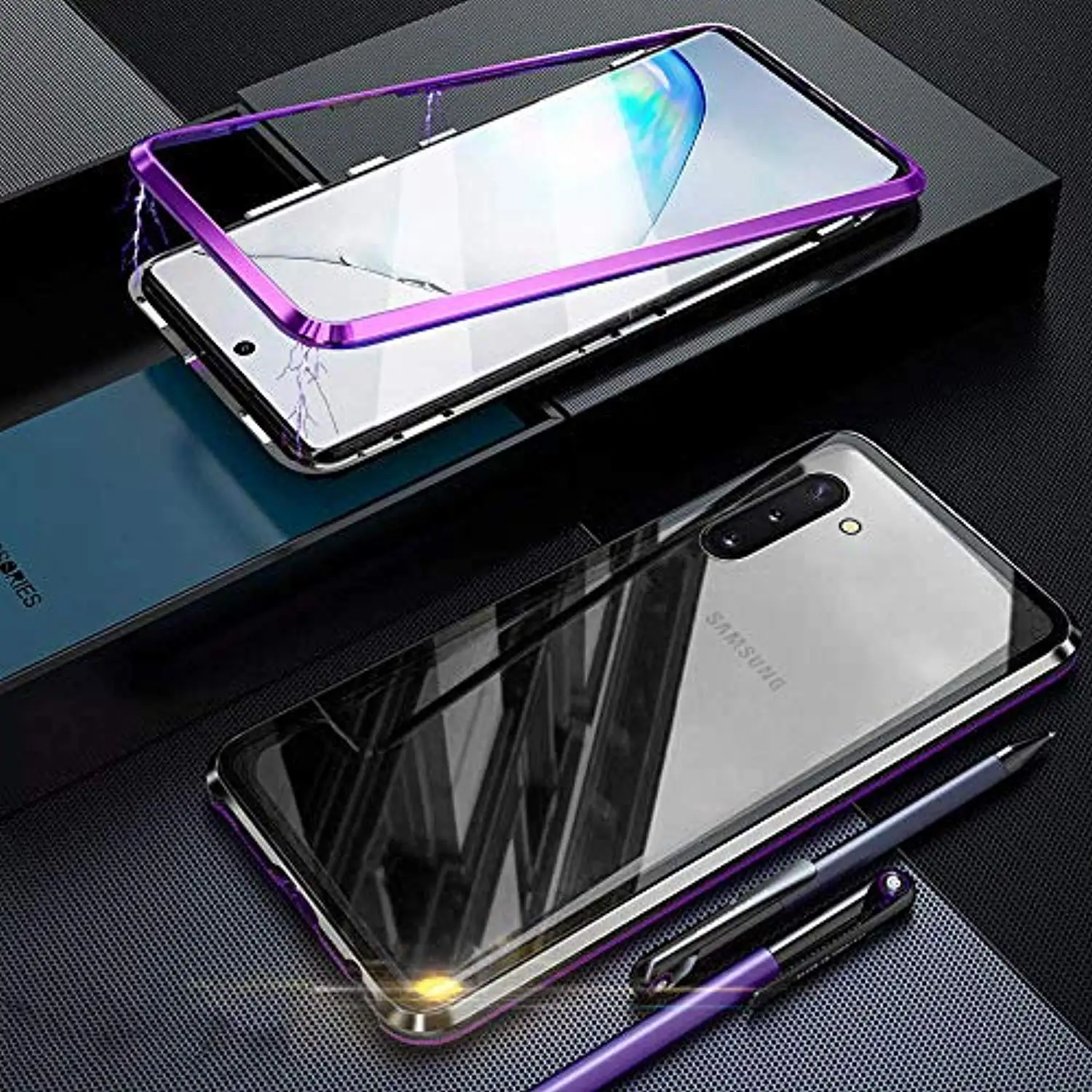 PurpleBlack 360 Магнитная Адсорбция металлическое Алюминий бампер с уровнем твердости 9H закаленное Стекло чехол для samsung Galaxy Note 10; плюс 10+ S10 S9 чехол для телефона чехол - Цвет: PurpleBlack