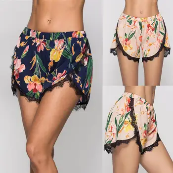 

Summer Casual Women's Flower Print Lace Trim Elastic Waist Shorts Hot Pants Casual style for out-going or home beach holiday