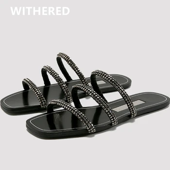 

Withered 2020 ins fashion blogger high street vintage crystal elegant beach slippers women flat shoes woman shoes women