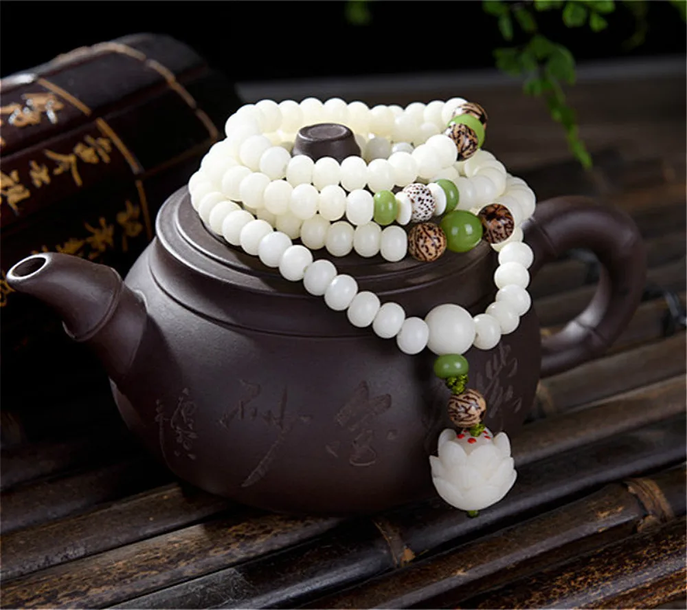 Original Design Natural White Bodhi Root Beads Bracelet Lotus 108 Lotus Mala Healing Prayer Bracelet Women Jewelry Gift bracelet jewelry