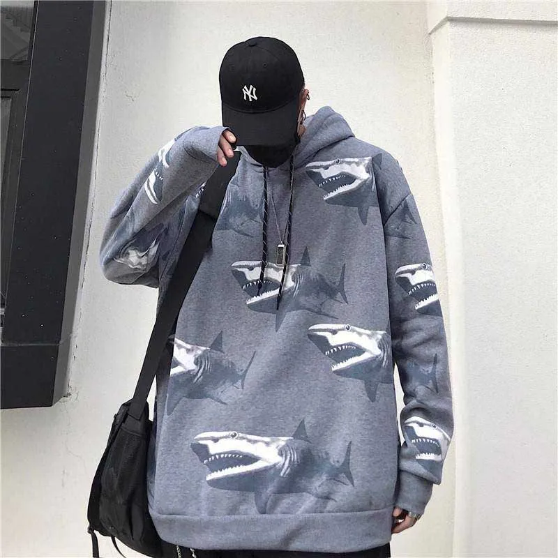 Gray NiceMix Женская Зимняя коллекция, новая мода, ins, принт акулы, Harajuku, свободная повседневная бархатная куртка в стиле ретро в стиле хип-хоп, куртка с капюшоном - Color: Gray