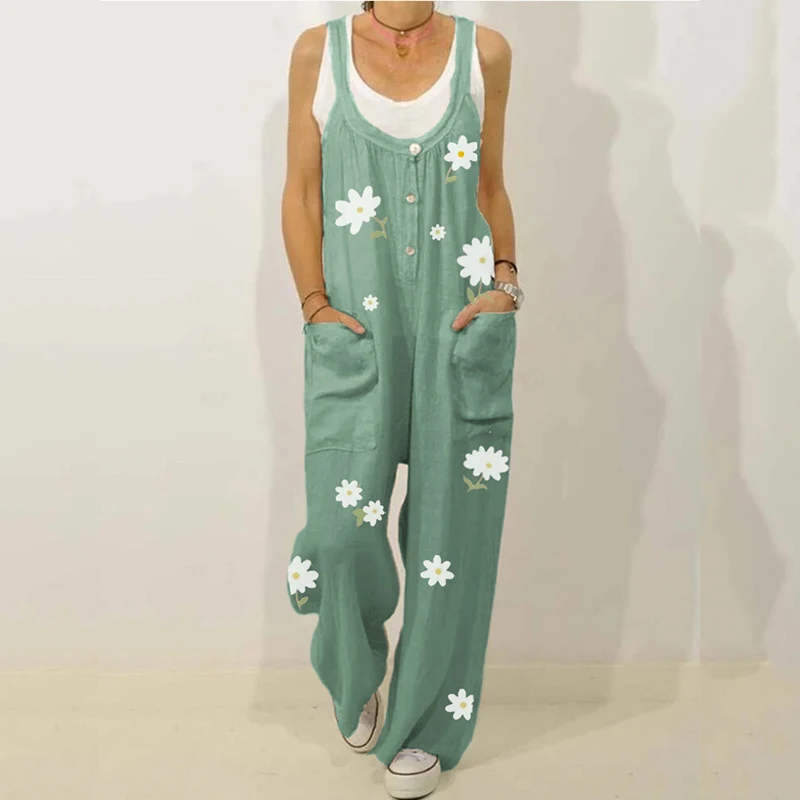 

Plus Size 5XL Cotton Linen Overalls Women's Summer Jumpsuits Casual Suspender Wide Leg Pants Rompers Loose Playsuits