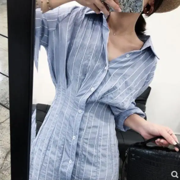 Spring New Women Fashion High Waist Shirt Dress Striped Elegant Midi Long Dresses With Sashes For Women Black Pink LM15