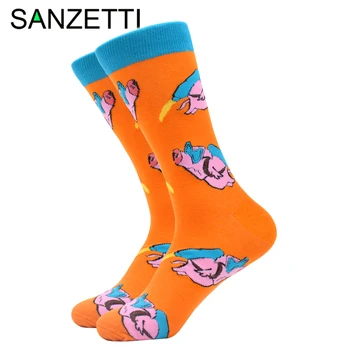 

SANZETTI 1 Pair Men's Socks Colorful Comfortable Combed Cotton For Men Funny Flying Pig Boxer Dollar Pattern Wedding Dress Socks