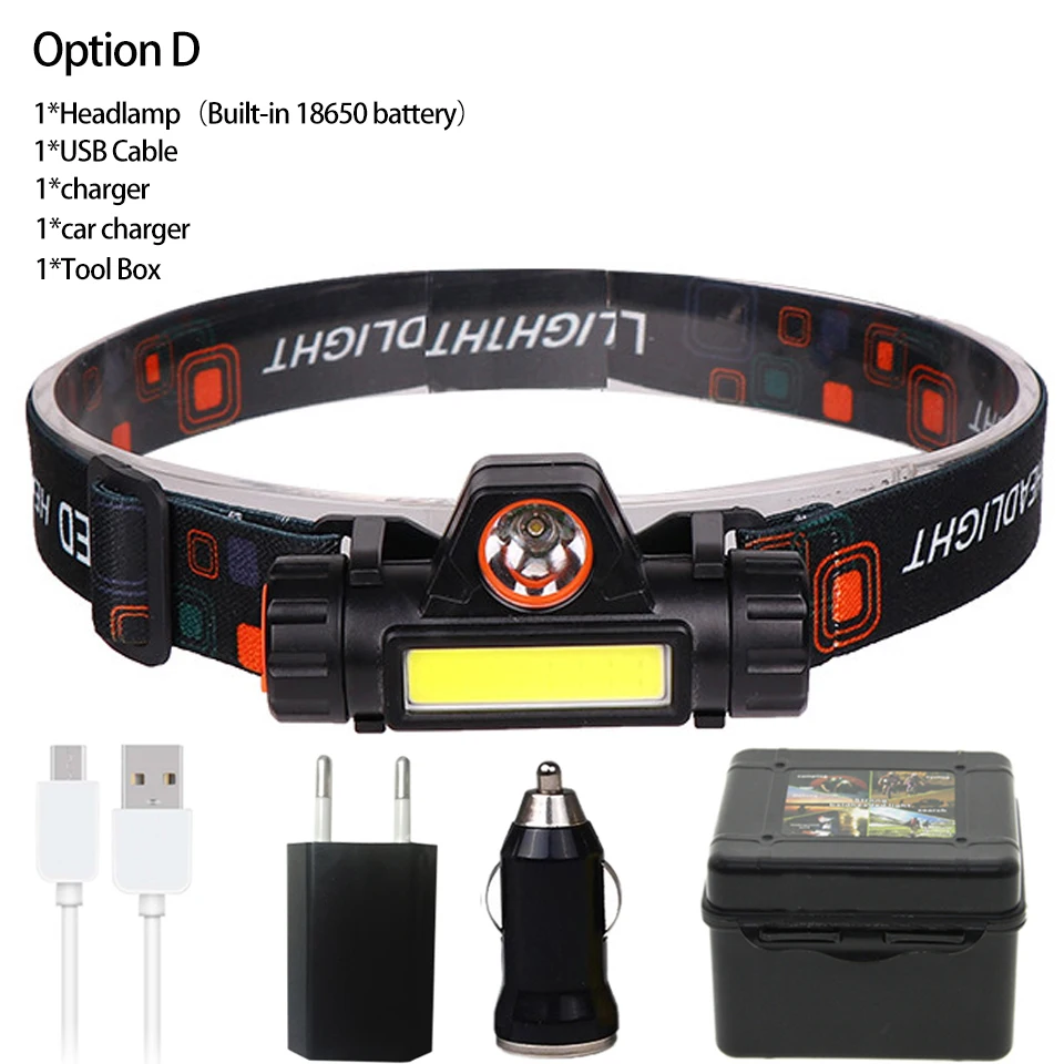 Option D XPE+ COB портативный мини светодиодный налобный фонарь встроенный USB перезаряжаемый аккумулятор 18650 с магнитом фонарь для кемпинга походов ночной рыбалки светильник - Испускаемый цвет: Option D