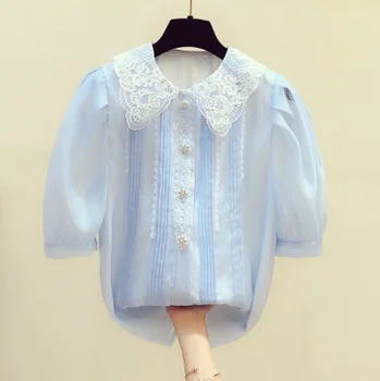 

2020 Summer New Korean Lace Doll Collar Puff Sleeve Rhinestone Buckle Organza Shirt Women's Casual Blouse Blusas Femme