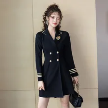 

Black Uniform Style Blazer Dresses Double Breasted Slim Waist Long Sleeve Women Casual Suit Woman Oversize Embroidery Blazers