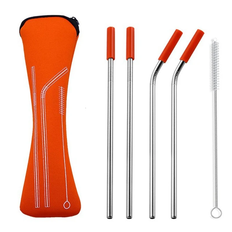 Orange-4pcs 8 шт красочные многоразовые силиконовые наконечники крышка из нержавеющей стали соломинка металлическая соломинка с кистью набор кухонных столовых инструментов - Цвет: Orange-4pcs