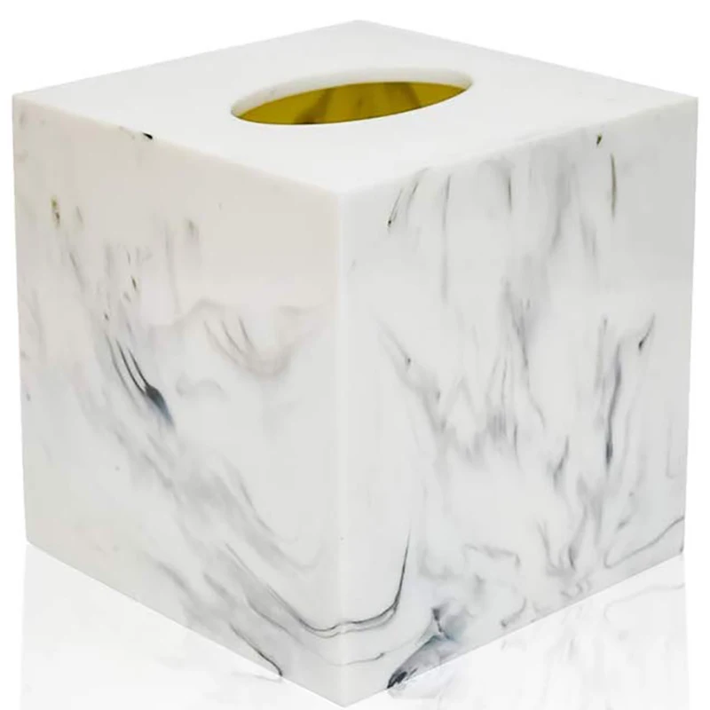 Square Tissue Box Cover, Facial Napkin Holder for Bathroom Living Room Office, Marble-Imitation Made of Resin(White