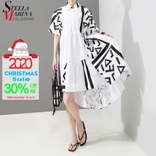2019 estilo coreano mujer verano elegante blanco camisa vestido estampado geométrico señora de talla grande Casual pasarela Midi vestido túnica bonita 5114(China)