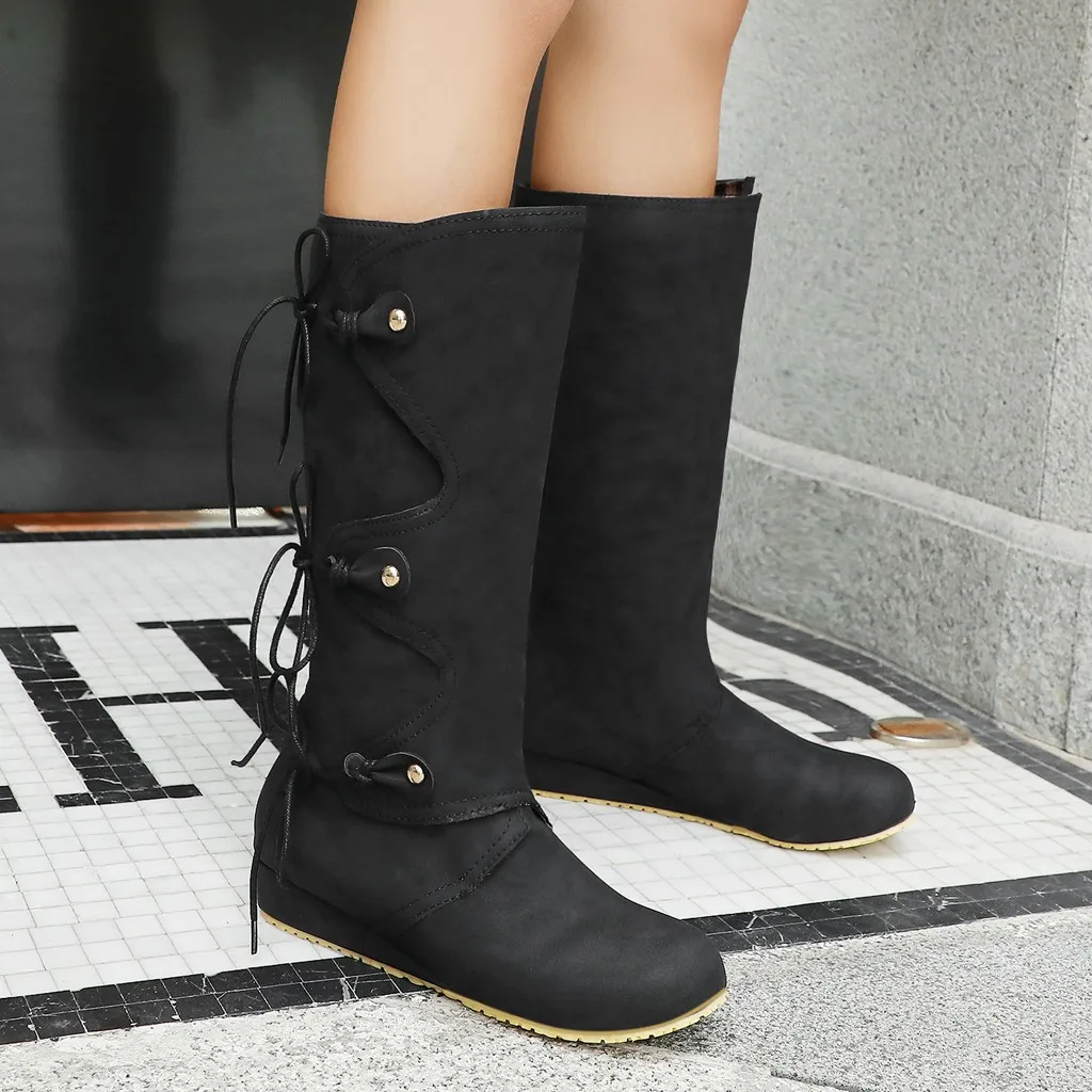 Suede mid calf boots Plus size 35-43 Retro Back laced women's Shoes with platform Casual Middle Tube boots women winter