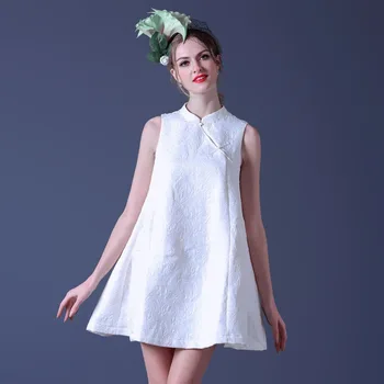 

Special Jacquard Designed White Dress Modified Cheongsam Mini Dress Sleeveless Party Dress Elegant Vintage Dress