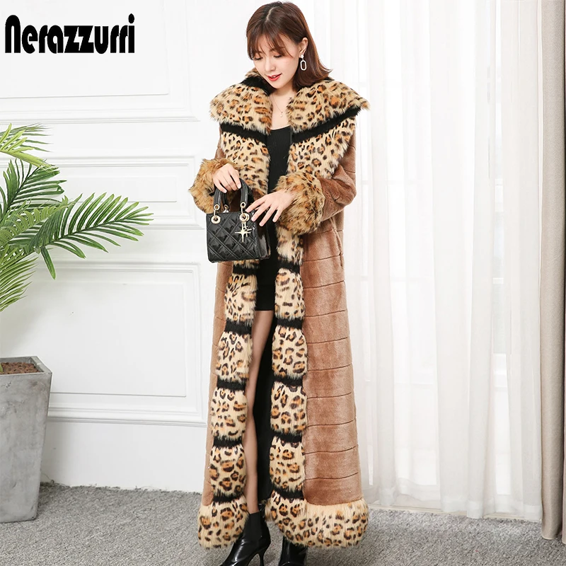 

Nerazzurri x-long winter faux fur coat women with leopard fox fur trim lengthened furry warm plus size fake mink fur overcoat