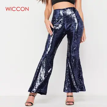 

2020 Spring Wear High Waist Sequin Pants for Women Full Length Sparkly Trousers Female High Street Solid Casual Flare Pants