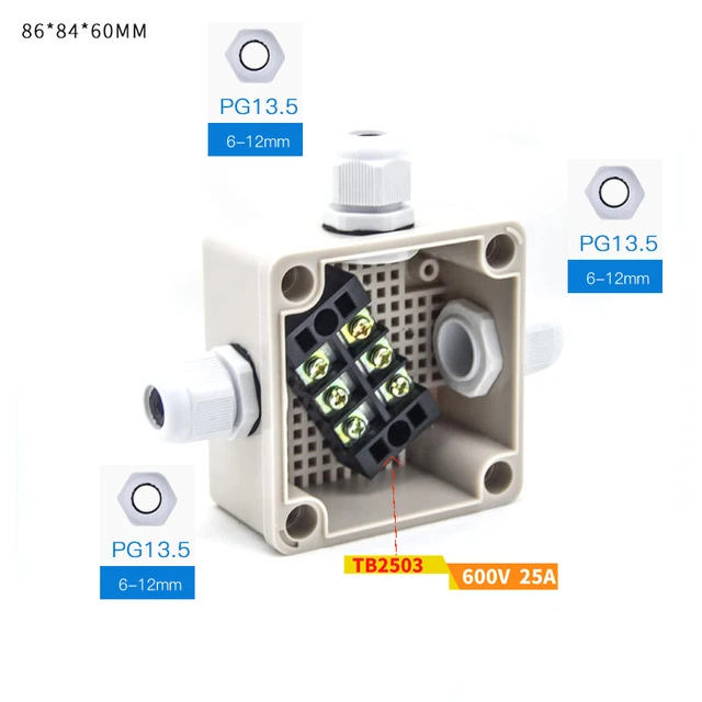 35A 600V 3 Pins Terminal Blocks with Gland Connectors Sealed  Enclosure Case Project Junction Box 86x84x64mm T type