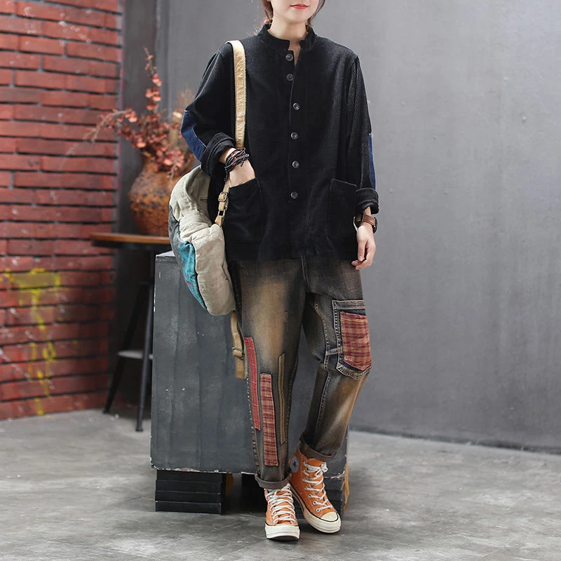 Online 2019 herbst Neue Kunst Stil Frauen Langarm Casual Mäntel Und Jacken Doppel Tasche Retro Lose Cord Mantel Kleidung D409