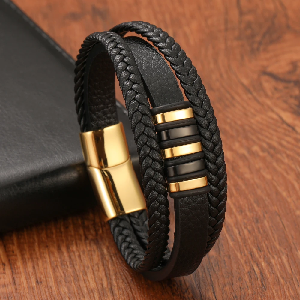 New Punk Multilayer Woven Genuine Leather Men's Bracelet Golden Black Stainless Steel Magnetic Clasp Jewelry Gift - Image 3