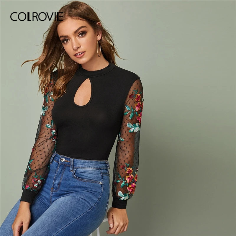 

COLROVIE Black Keyhole Front Embroidery Mesh Sleeve Tee Women Slim Fit Casual Tees 2019 Fall Casual Pullover Stretchy Tops