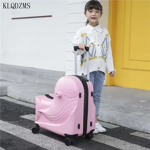 Light pink KLQDZMS 20"24INCH Multifunction Super Can ride Child travel artifact Rolling Luggage Spinner brand Travel Suitcase On Wheel - Color: Light pink