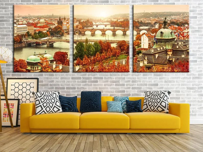 

Красочный панорамный плакат с изображением дома Праги, закат, пейзаж, холст с масляной гравировкой, интерьерный художественный Декор