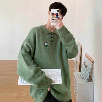 

New fall/winter 2019 slimming solid color cartoon embroidery pullover sweater loose casual lapel fashion youth men's wear
