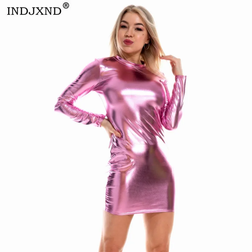 

INDJXND Long Sleeve Slim Bodycon Sexy Dress Autumn Winter Women Streetwear Party Holographic Metallic Shiny Dresses Plus Size